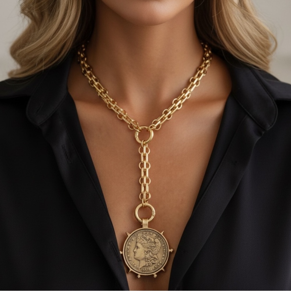 Gold Plated Vintage Coin Necklace – Statement Medallion Y Lariat - Picture 7 of 7